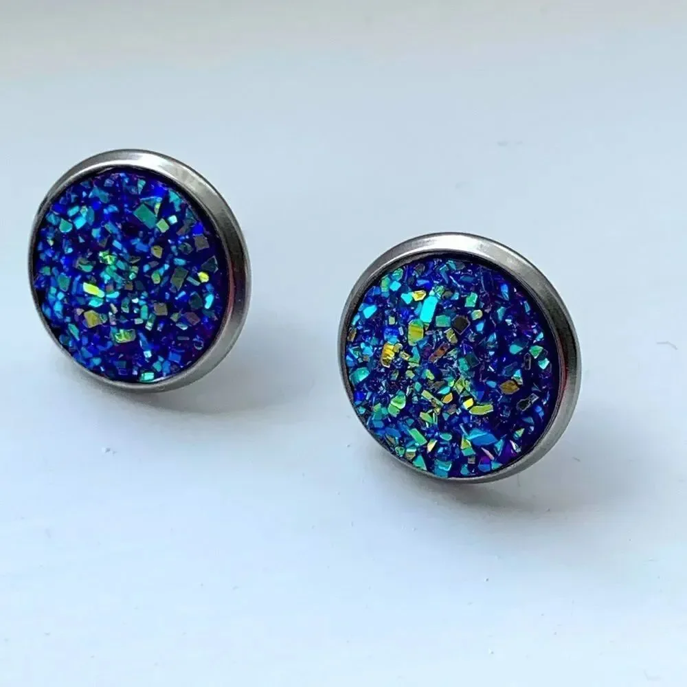 Men’s Titanium Blue Iridescent Faux Drusy Quartz Iced Out Hip Hop Stud Earrings